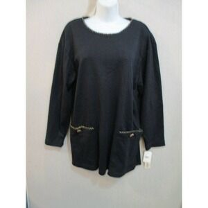 Vintage 80's Aron Knit Top Size Large Black and Gold Trim Tunic NWT NOS